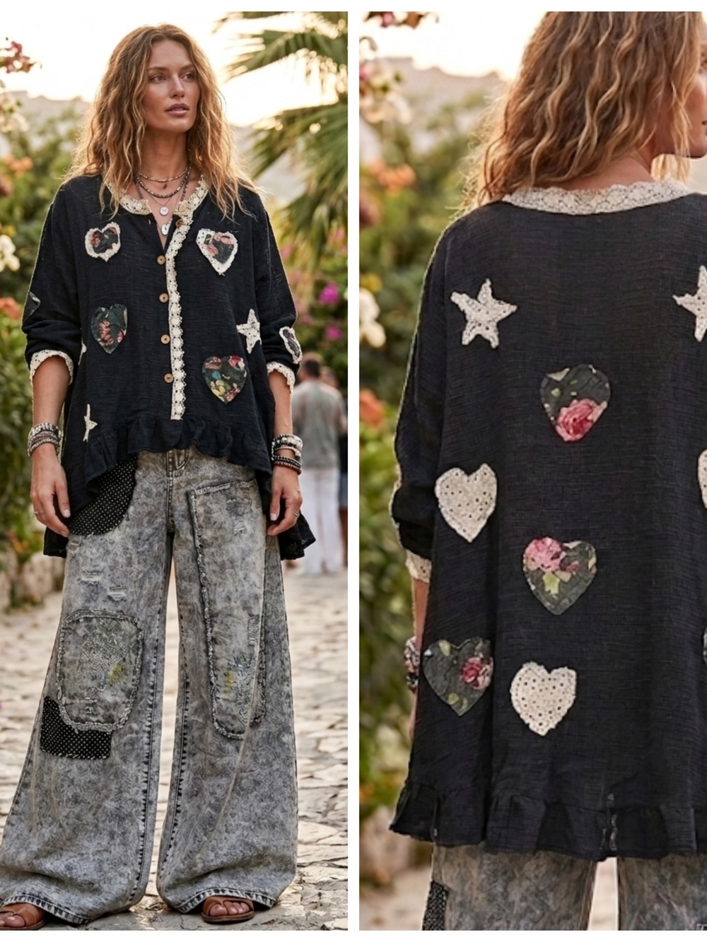Boho Embroidered Heart & Star Button-Front Women's Top - Black